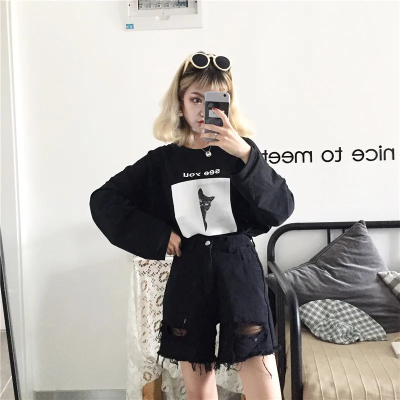 YouGeMan футболка Femme Осень корейский стиль Ulzzang Harajuku мультяшный принт длинный рукав футболка женская повседневная с o-образным вырезом топы