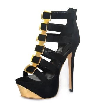

FGHGF NEW,Sweet fashion free postage black (white) gold bracket suede zipper 16 cm high-heeled women's sandals. Size: 35-43