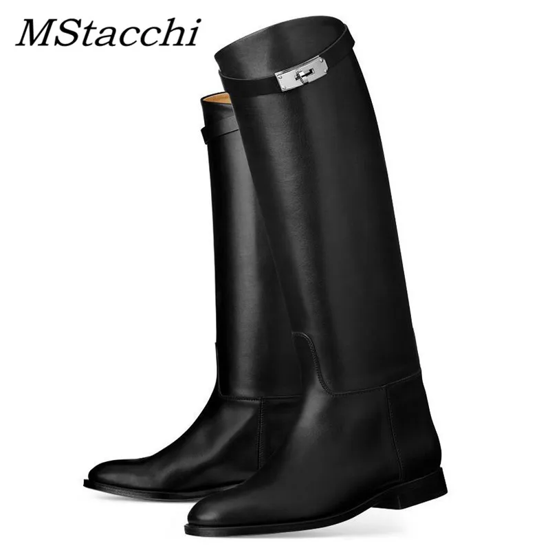 MStacchi/Дизайнерские сапоги из натуральной кожи с высоким голенищем, пикантные женские мотоциклетные сапоги с ремешком и металлической