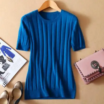 Новые весенние Тип вязаный короткий рукав Для женщин Тонкий Футболки с круглым воротом в Корейском стиле недорезанный тоненькая рубашка с длинными рукавами рубашка на подкладке - Цвет: Синий