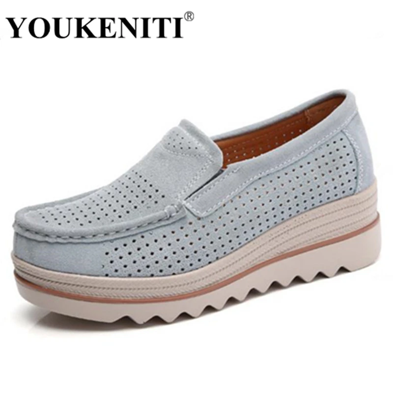 

2018 Summber Hollow Breathable 5 Colors Wedges Platform Women Pumps With 5.5CM Heel Genuine Leather Soft Causal Shoes For Women