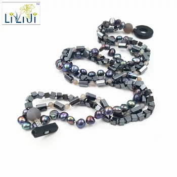 

Lii Ji Hematite,Freshwater Pearl and Grey Agate with Jade Toggle Clasp Choker Necklace about 47cm Fashion Jewelry