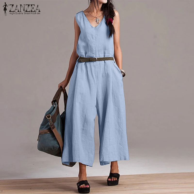 

ZANZEA 2019 Summer Rompers Womens Jumpsuit Sleeveless Jumpsuits Female Cotton Long Overalls Ladies Wide Leg Playsuit Streetwear