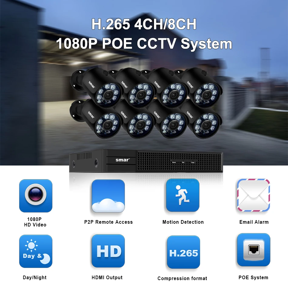 Smar H.265 8CH CCTV Surveillance Kit 2MP Security Camera System 4CH 8CH POE NVR With 1080P POE IP Camera Set Real Plug and Play (1)