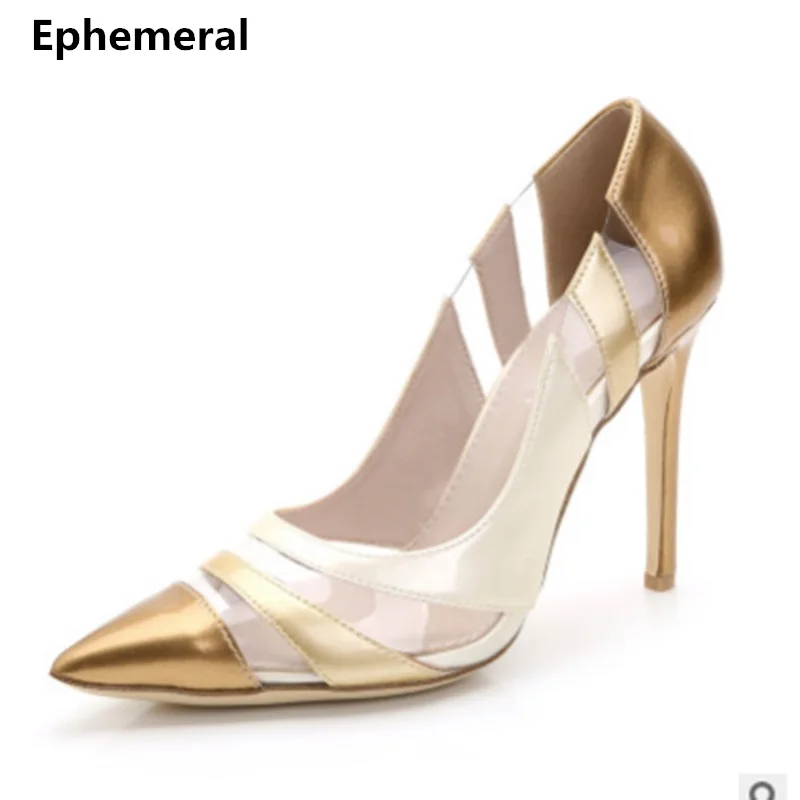 

2018 Lady super high heel pumps point toe shoes patent leather transpatent max size women's wedding party loafers blue/gold/red