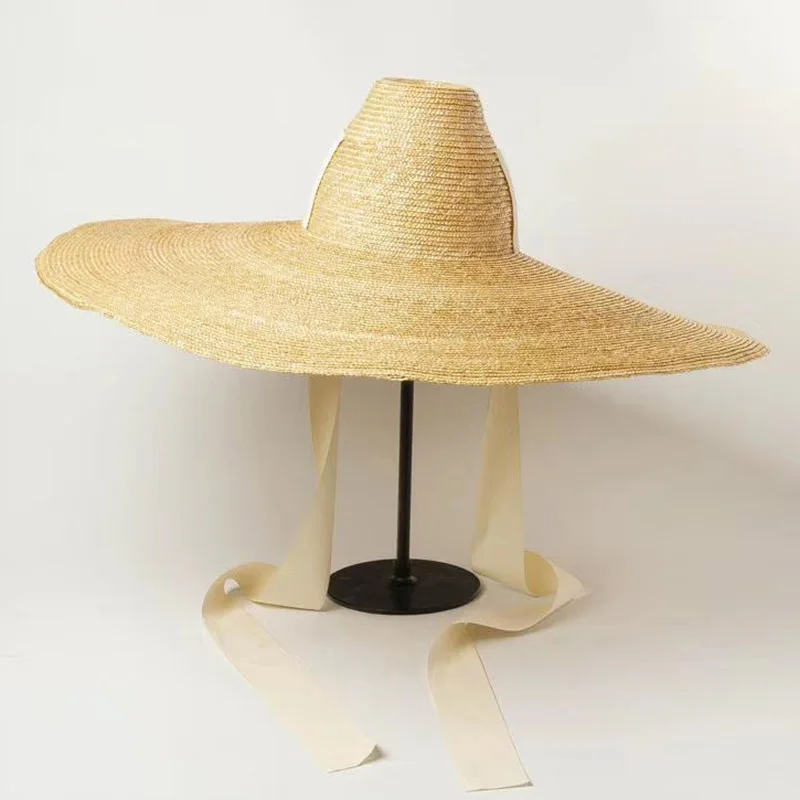 Женская натуральная плетеная гигантская соломенная шляпа большой край широкополая шляпа от солнца высокая резинка с тесьмой гигантская сомбреро шляпа взрослая летняя пляжная шляпа