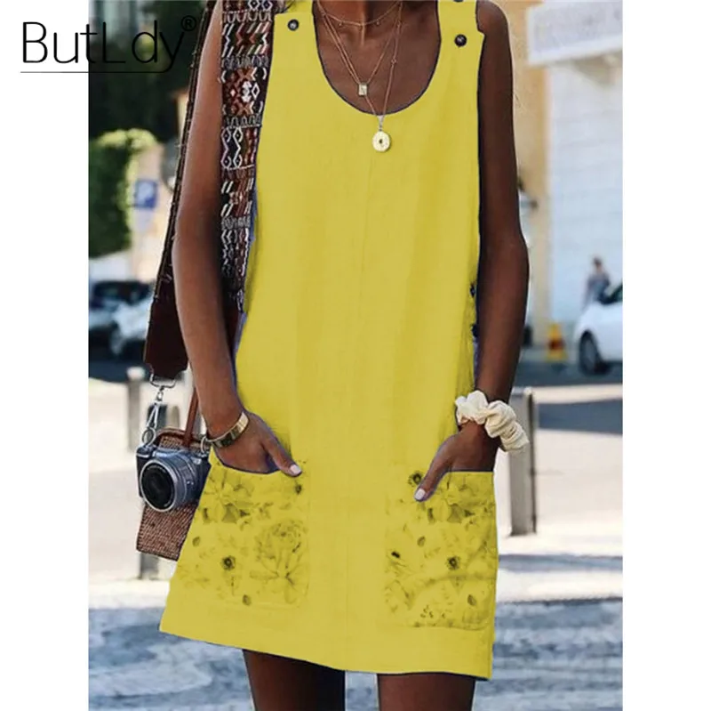 Floral Print Pockets T Shirt Dress Women Summer 2019 Sleeveless Jumper Dress Large Plus Size 4XL Loose Cotton Linen A Line Dress