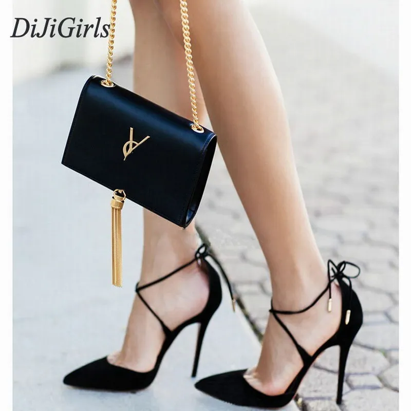 baratas Dijigirls novo estilo verão das mulheres rendas até sapatos de salto alto pontas bandagem toe sandálias stiletto celebridade bombas sapatas das senhoras preto