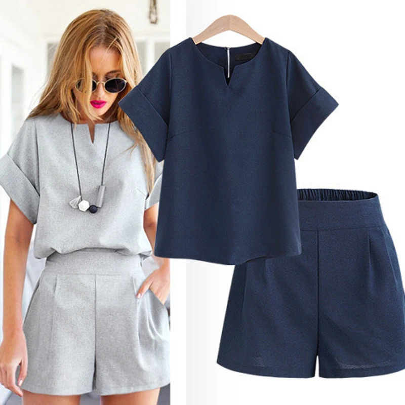 

2018 Women Summer Casual Cotton Linen V-neck short sleeve tops + shorts two piece set Female Office Suit Set Women's Costumes