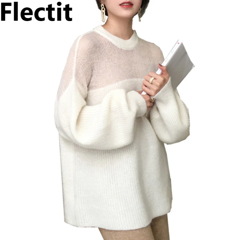 

Flectit Contrast Sheer-Trim Oversize Knit Sweater with Balloon Sleeve Women Jumpers Pullover Sweater Top
