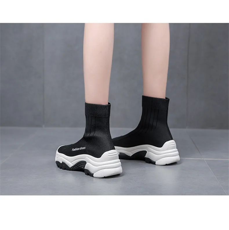 Обувь на массивном каблуке до лодыжки; женские носки; повседневные эластичные сапоги с толстой подошвой; кроссовки; высокие кроссовки; Размеры 35-39