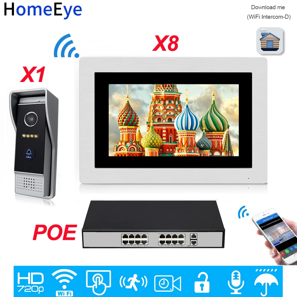 HomeEye 720P HD WiFi IP Video Door Phone Video Intercom Android/IOS APP Remote Unlock Home Access Control System 1-8 +POE Switch