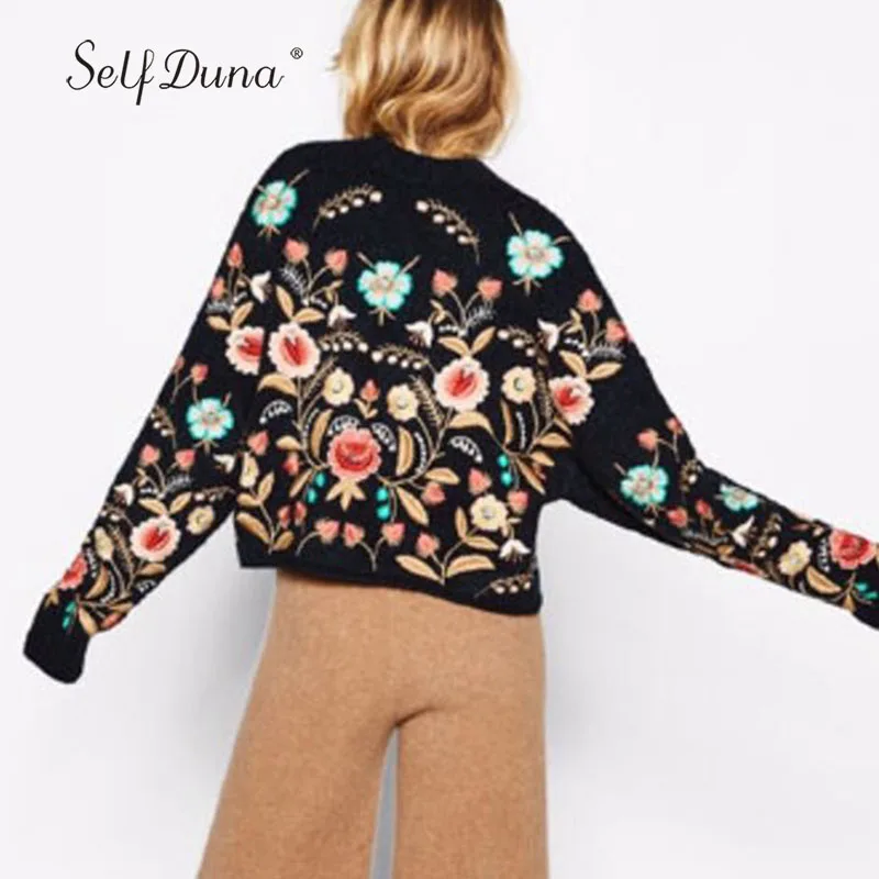 Femmes Automne Fleur Hiver Black Tricots Broderie Jumper Pulls Duna Tricoté Brodé Floral Vintage Noir Chandail 2019 Auto qPtOEO