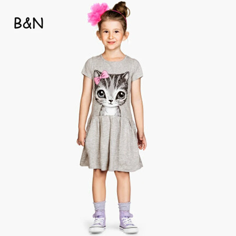 

B&N Hot Sale Summer Cute Girl dresses Cat Print Fashion Baby Girl Dress Grey Pink Cotton Children Clothing