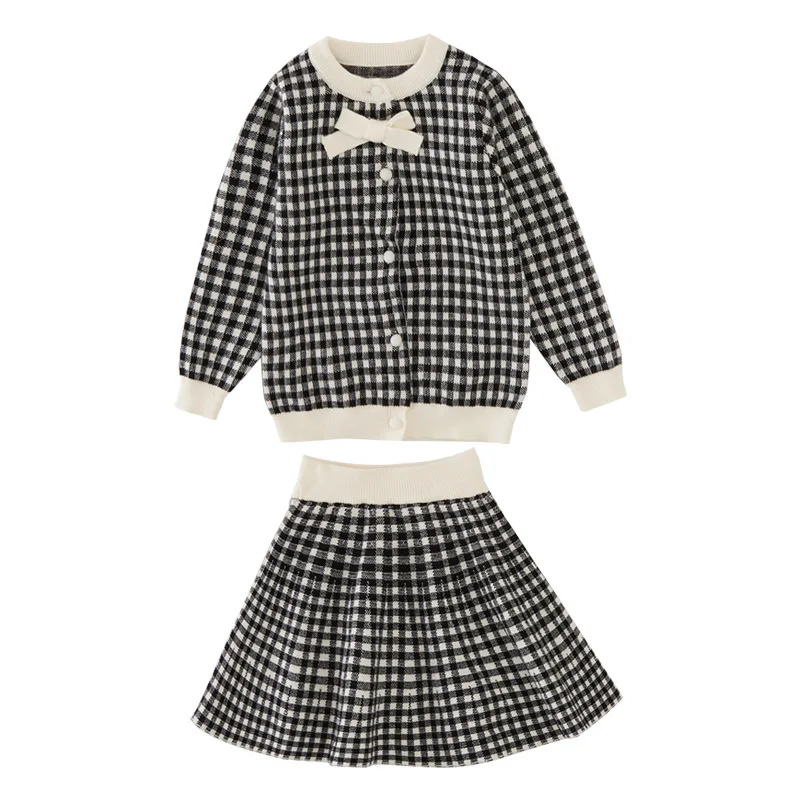 Winter Girls Sweater Clothing Set Kids Warm Knitwear Plaid Sweater& Skirt 2 Pieces Dress Suit Teenage Kids Overall Winter Girls