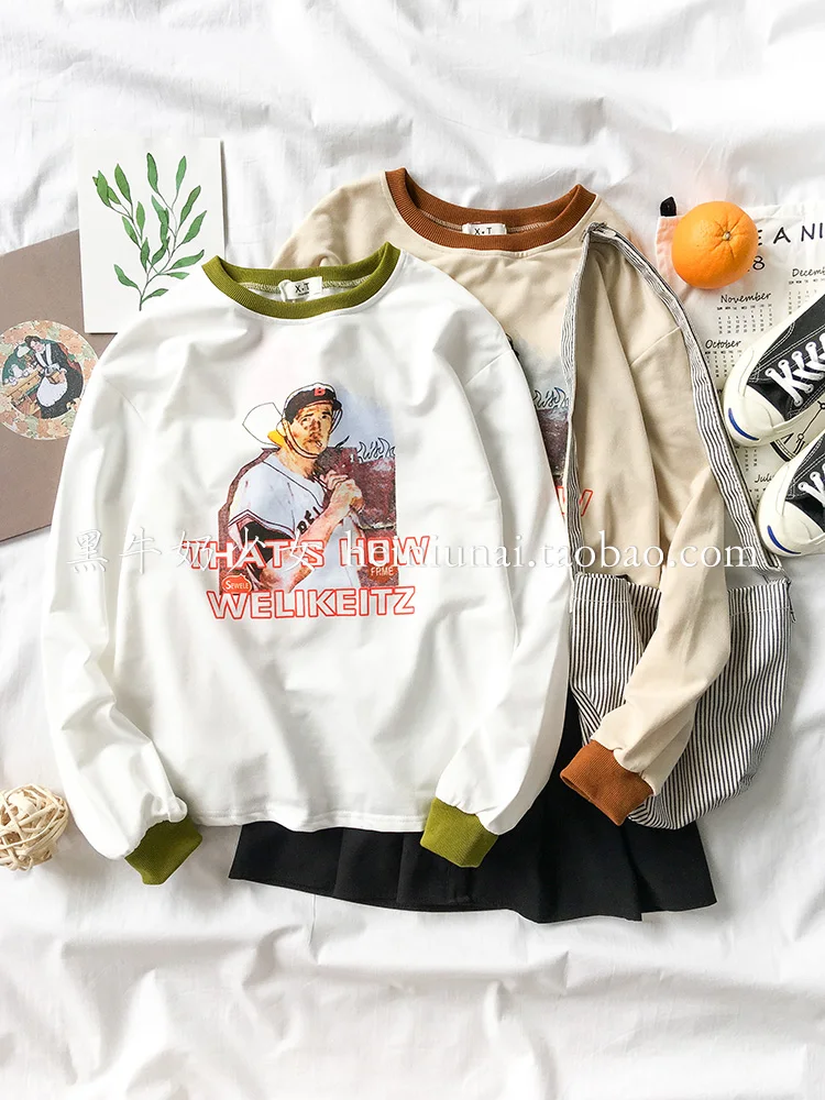 Толстовки женские 2019 новые модные забавные печатные o-образным вырезом Свободные толстовки студенческие корейские милые пуловеры женские