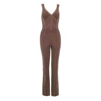 

2020 New Women Sexy Autumn Brown Bodycon Bandage Jumpsuits Sleeveless Striped Celebrity Party Jumpsuit