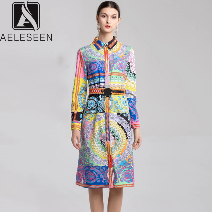 

AELESEEN Spring Vintage Dress 2019 Summer Fashion Long Sleeve Belt Elegant Designer Printed Dress Women