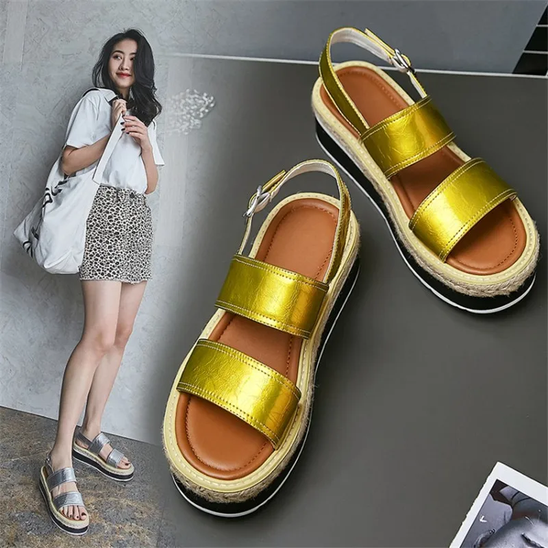 

PXELENA Hot Weaving Thick Platform Flat Sandals Female Genuine Patent Leather Back Strap Leisure Walk Comfort Women Summer Shoes