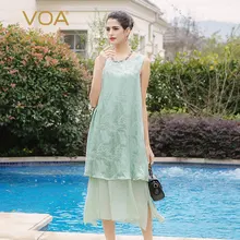 VOA light green sleeveless silk dress and both sides can wear double thin silk dresses A5792