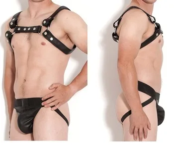 Sexy Male Chest H Harness Restraint with Leather Look Jock Strap Underwear Fetish Wear Set Kinky Night Party Show Costume