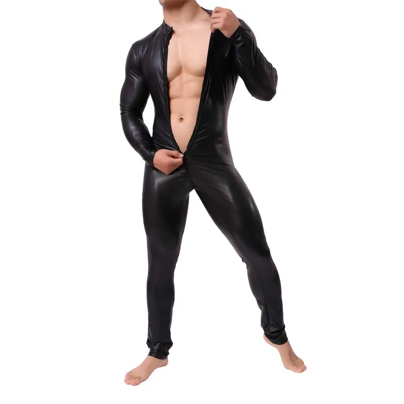 

New European And American Mens Jockstrap Bodysuit Long Zipper Imitation Leather Sexy Lingerie Bodysuit Fun Jumpsuit