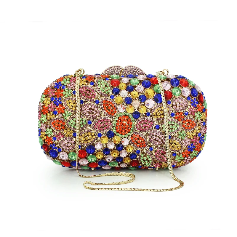 Multi colorful handmade hollow out crystal clutch bag gold chain