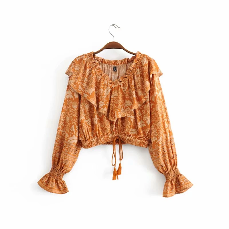 Boho chic Женская богемная блузка с цветочным принтом и оборками, женская блузка с открытыми плечами, блуза с длинным рукавом