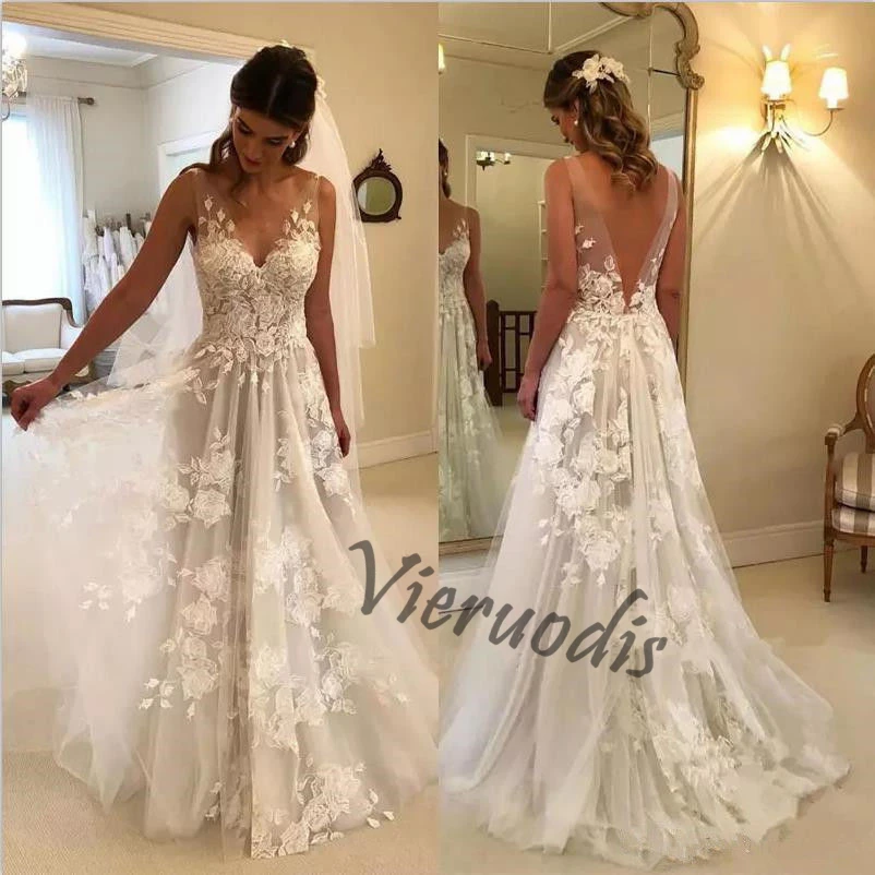 6-1              Lace Appliques Boho Wedding Dresses V-neck Backless Beach Wedding Gowns Bridal Dresses vestidos de novia