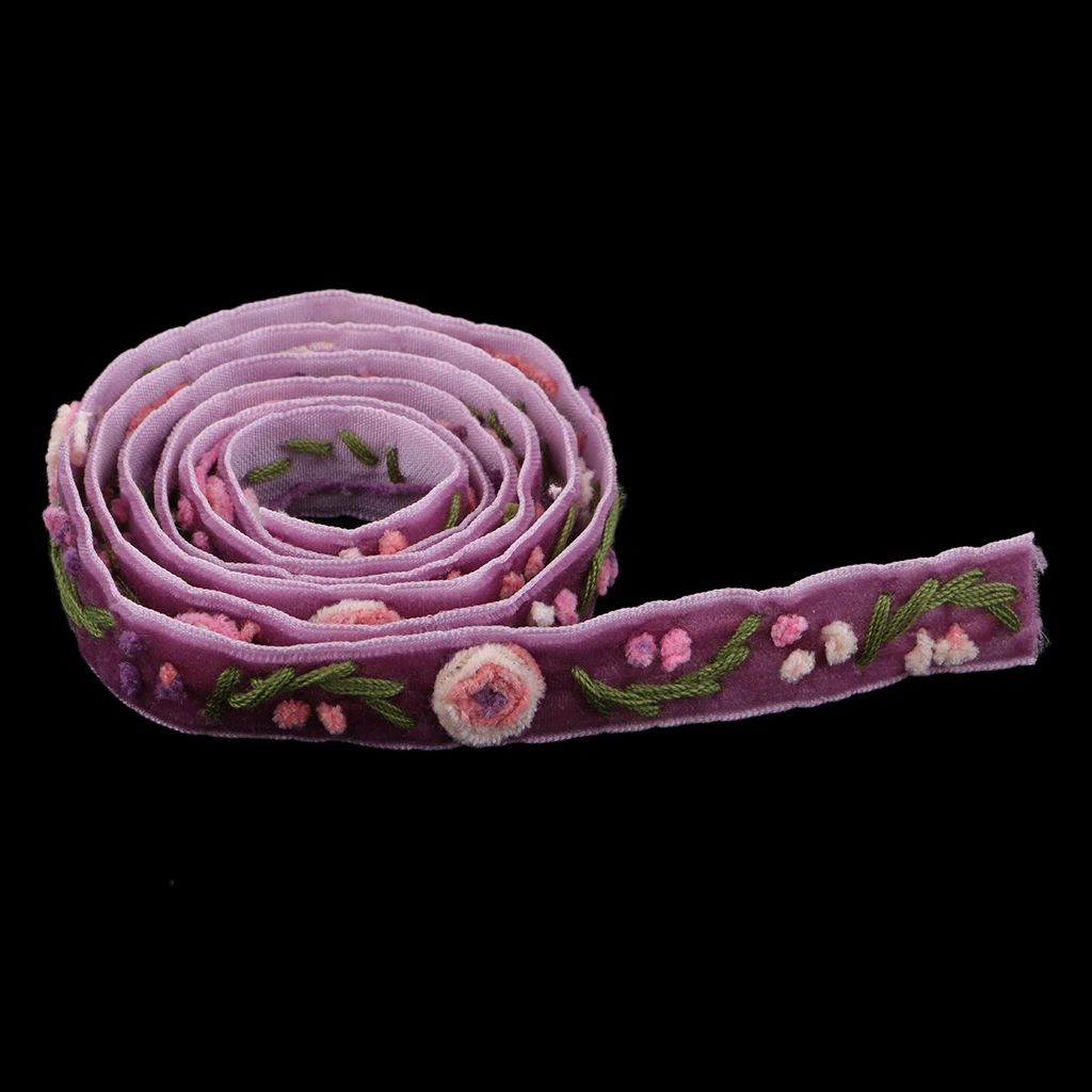 1 Yard Elegant Flower Embroidered Velvet Ribbon Lace Trim Purple for Sewing Decoration DIY Craft Handmade Accessories 15mm Wide