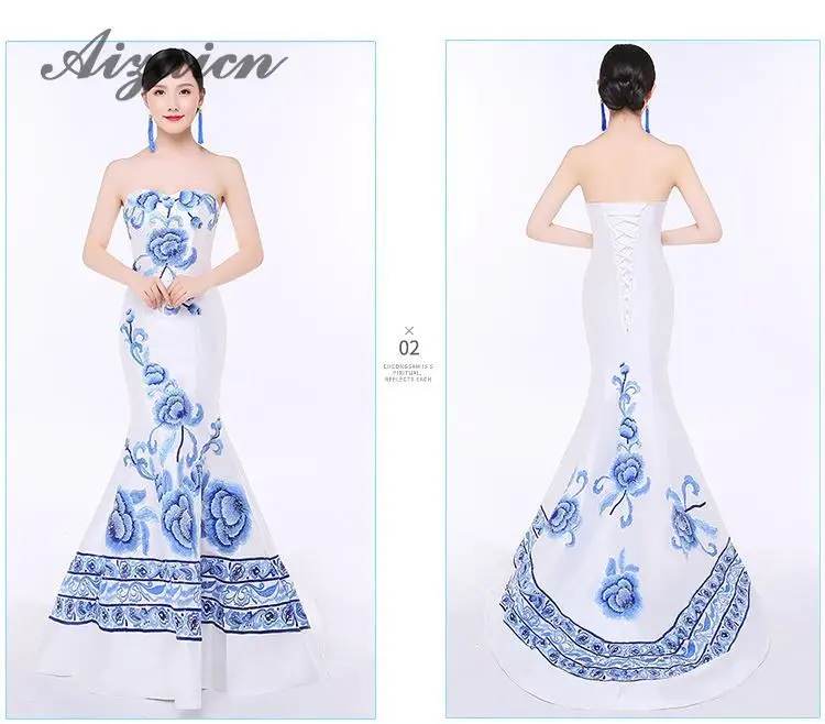 Blanc фарфор Cheongsam Роскошные Длинные вечерние платья мода показывает шлейфом Традиционный китайский Свадебные Китай 15 стиль