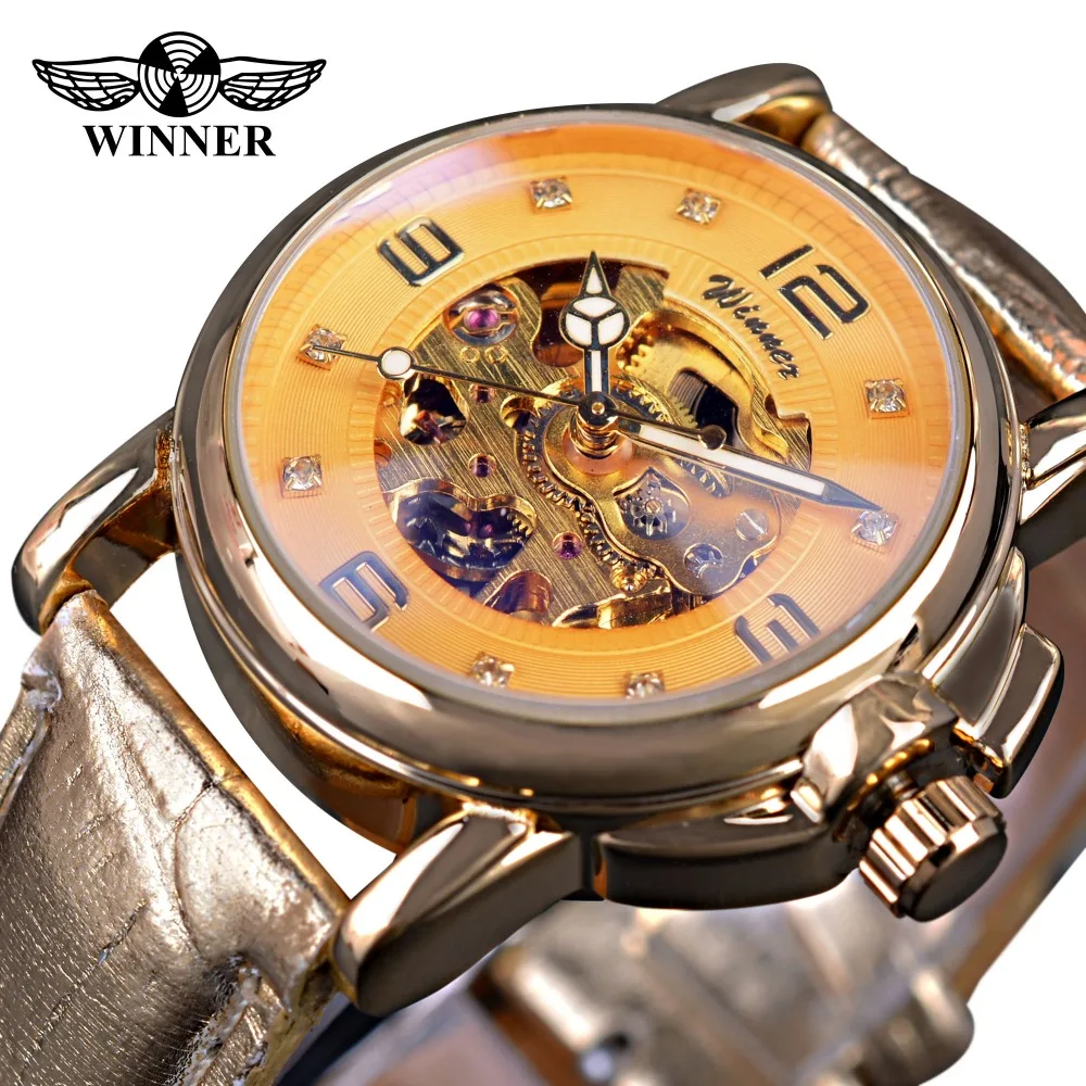 

Winner 2017 Party Dress Transparent Case Women Golden Strap Fashion Luxury Design Mechanical Women Skeleton Automatic Watch