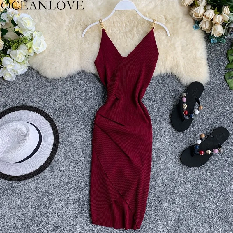 

OCEANLOVE Solid Vestido Sexy V-neck Knitting Party Dress Stretch Bodycon Pleated Summer Irregular Dresses Women Robe Femme 11968