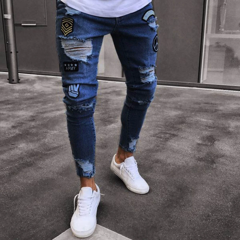 Moda hombre 2019 Slim Biker Zipper hole Denim Jeans Skinny pantalones desgastados pantalones jean homme negro 3XL vaqueros| - AliExpress