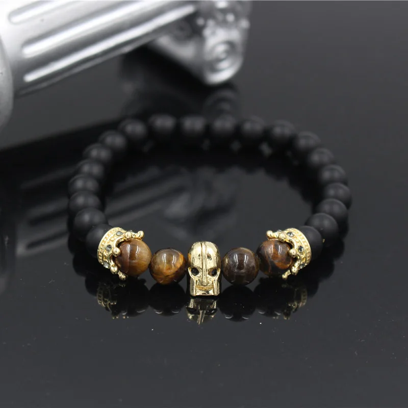 

NADEEM New Tiger Eye Stone Bead Male Bracelet Gold Color CZ Eyes Helmet Spartan Gladiator Charm Bracelet Men Pulseira Masculina