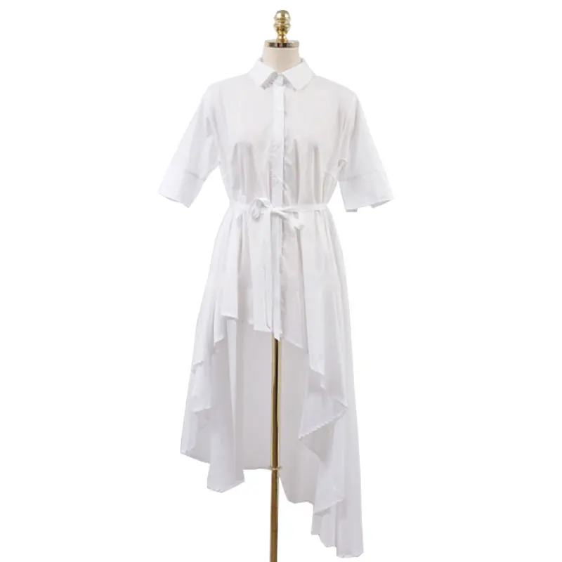 2019 الربيع و الصيف أنيقة النساء قمصان طويلة الأكمام بشق النساء قمصان قصيرة زر الصلبة بدوره إلى أسفل طوق