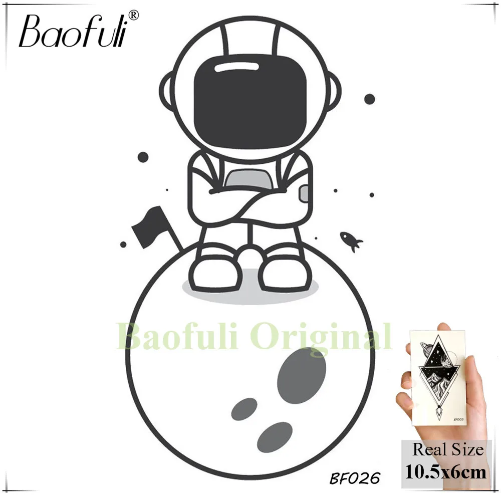 BAOFULI, Мужская космическая астронавт, Лунная временная татуировка, Мультяшные детские подарки на день рождения, Черные Водонепроницаемые тату, боди-арт, тату, наклейки - Цвет: BBF026