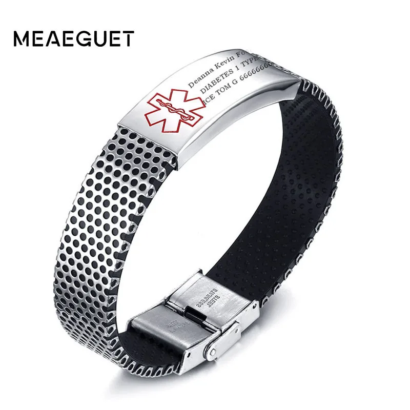 

Men Stainless Steel Bracelet Custom ID Bangle Silver Watch Brands Medical Alert Personalized Male Wristbands Diabetic Jewelry