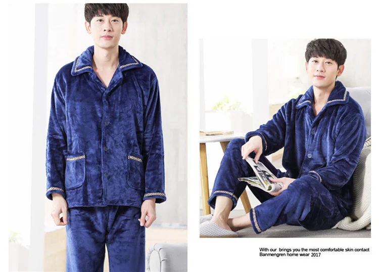 Pajamas Mens Flannel Pajama Suits Winter Autumn Sleeping Clothes Two Piece Nights Men Night Wear Clothing Thick Corduory 2018 New JW284 (21)