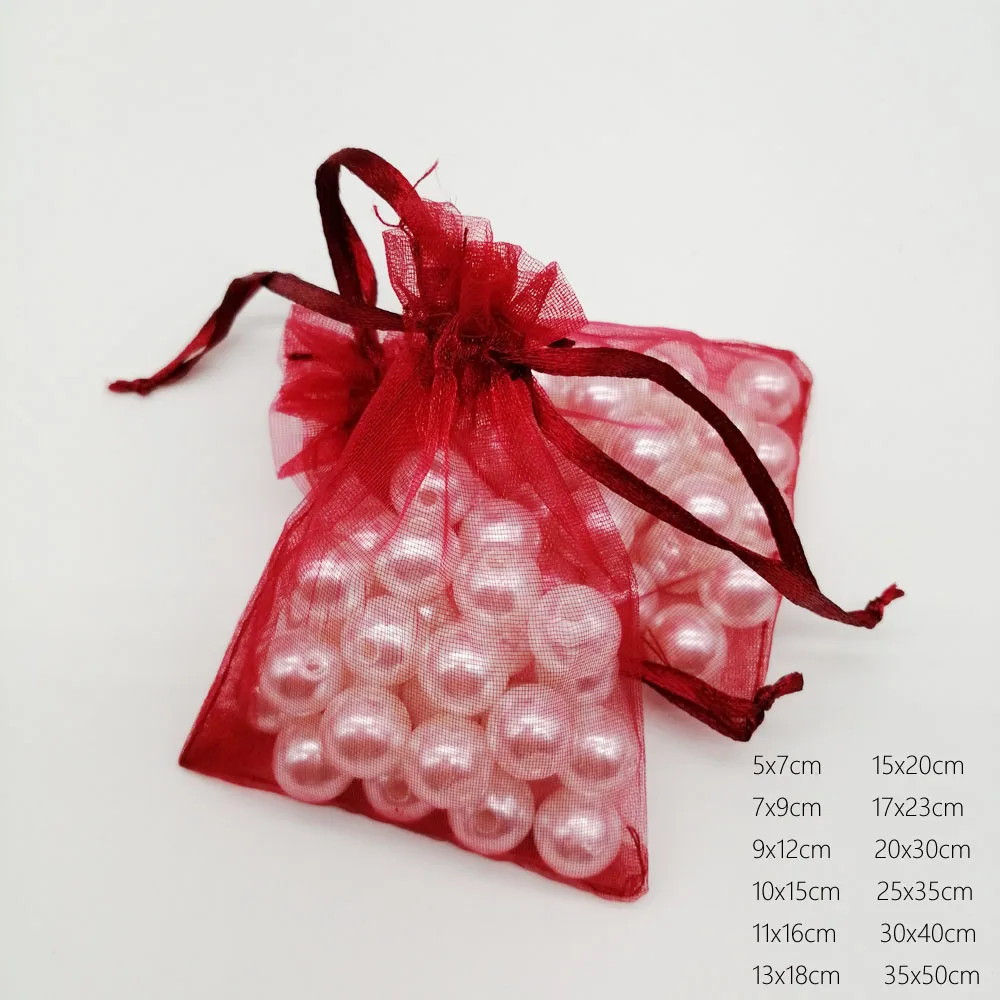 1000 шт винно-красная органза сумка мешок со шнурком мешочек для украшений сумки подарки свадьба/Рождество/коробка витрина для украшений