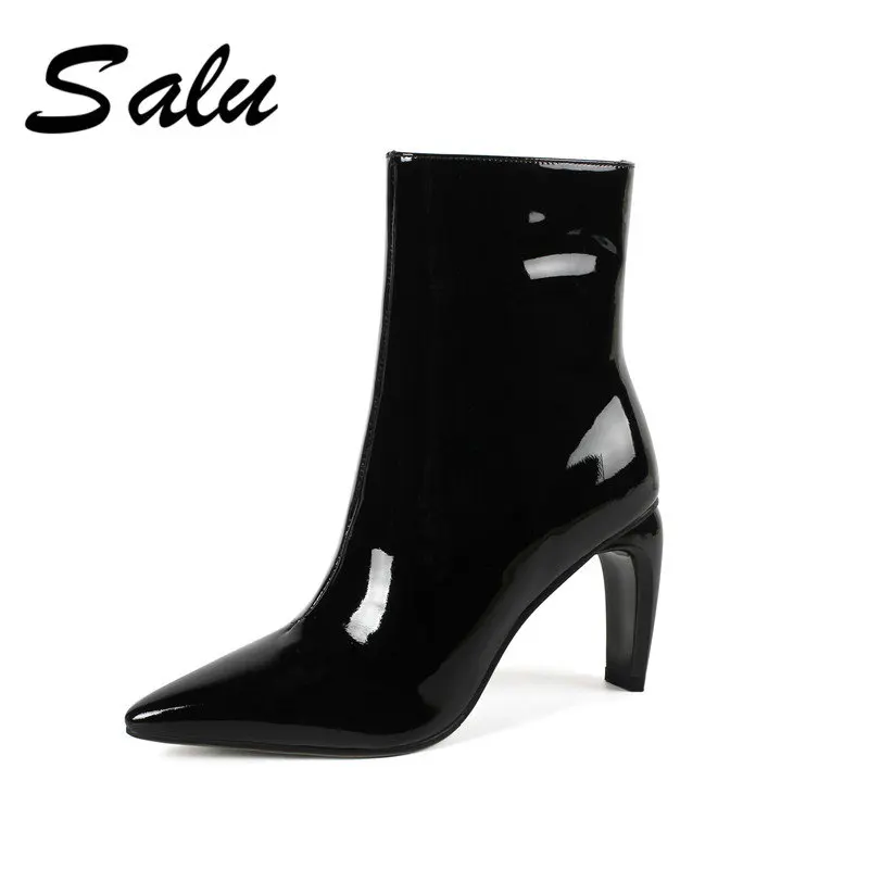 

Salu Winter Autumn Ankle Boots Woman Genuine Leather Pointed Toe Thick High Heel Booties Ladies