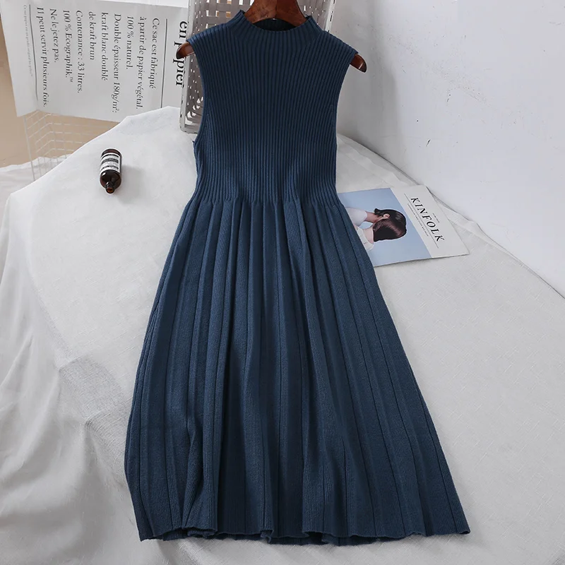 

2019 new fashion women's knitted dresses retro high neck long sleeveless knitting sweater dress