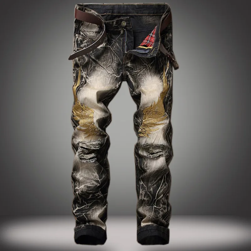 

Jeans Men Street Personality Embroidery Wings Hole Denim Trousers Retro