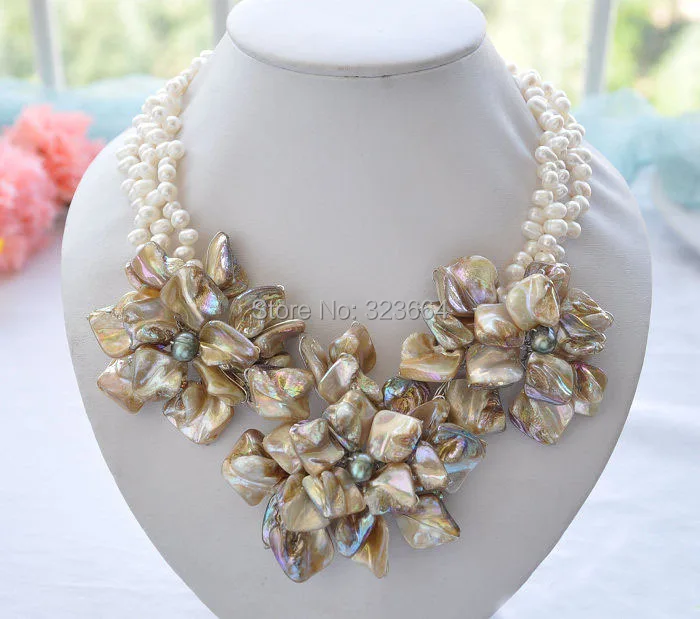 

Handmade 3row 18" white rice pearl shell Knitting flower necklace