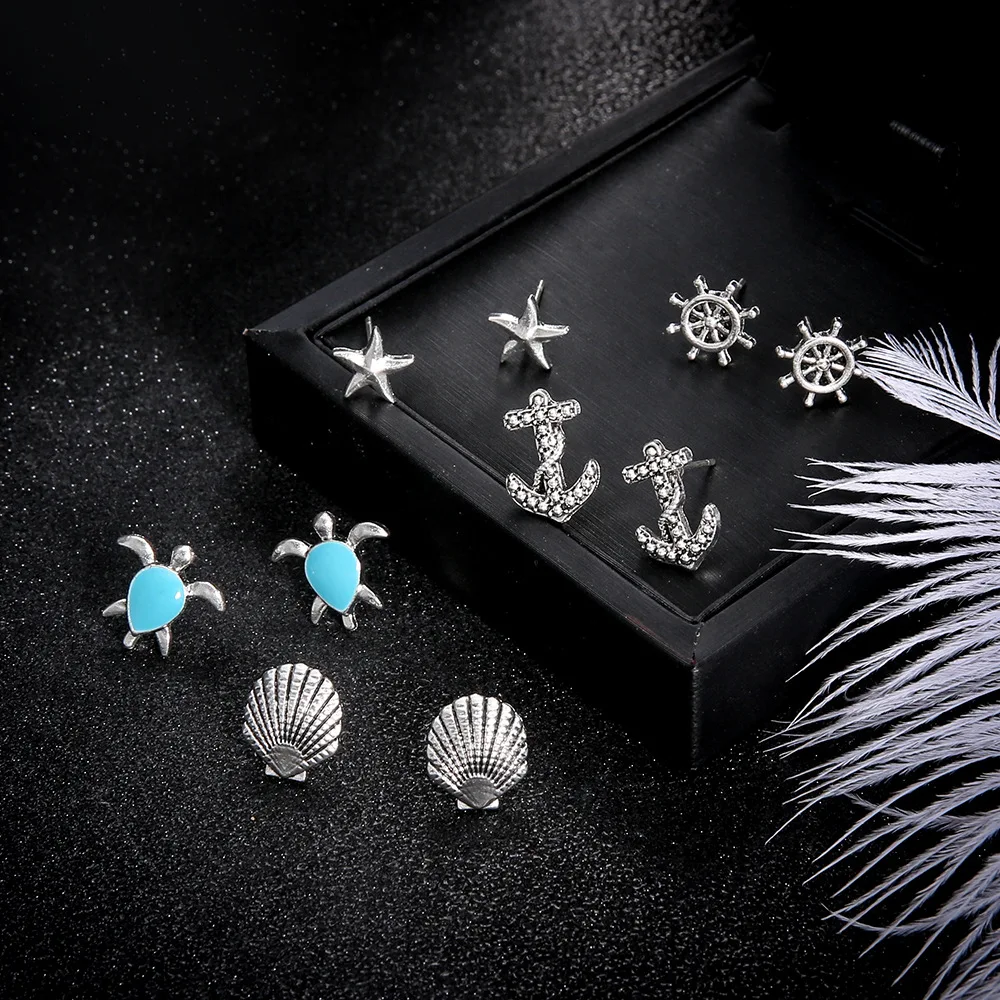 

cross border Beach wind shell anchor cruise sea turtle earrings starfish full sets studs earrings