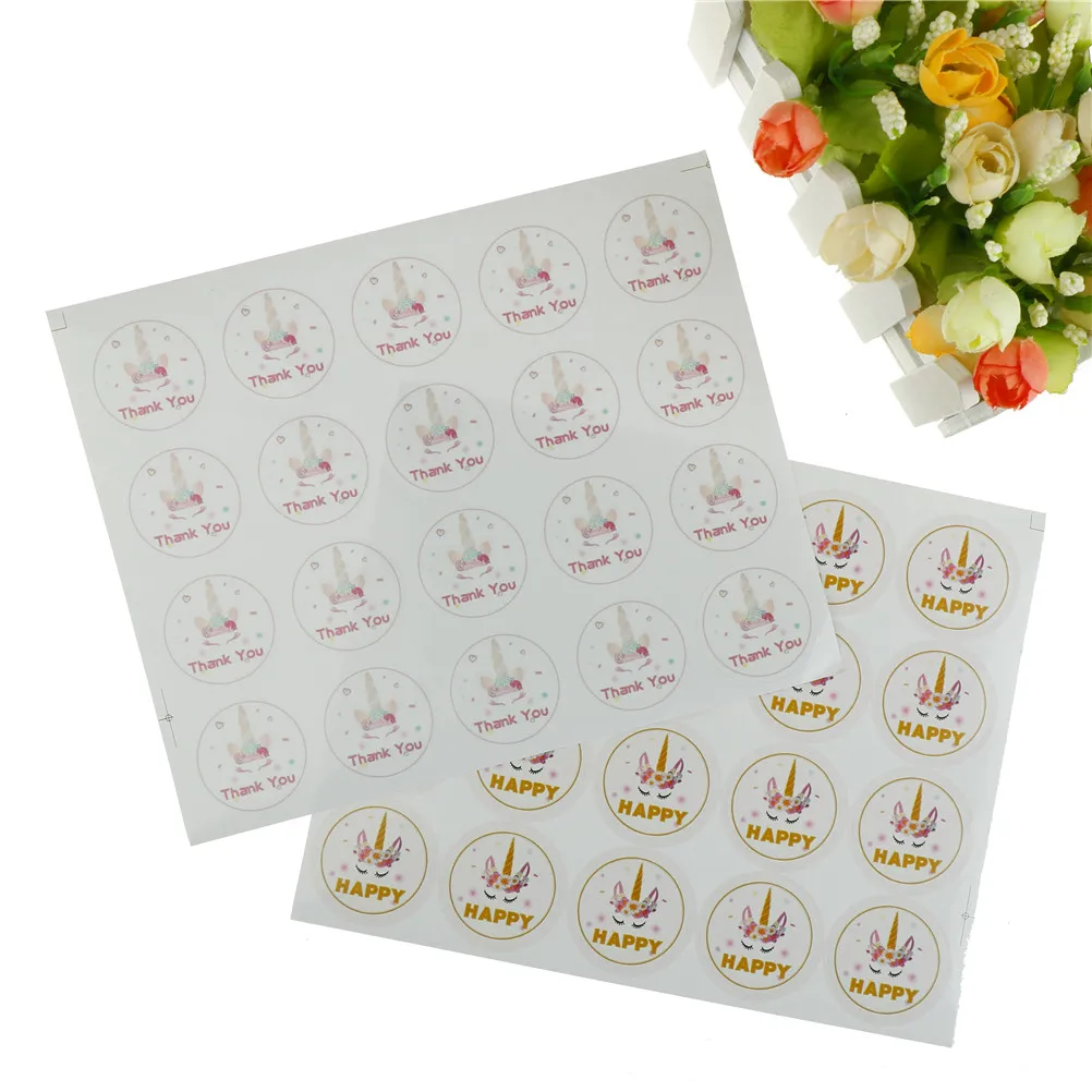 

60pcs/3 sheets Thank you Pink Unicorn Gift Box Stickers Packaging Unicorn Candy Bag Sticker Birthday Party Decorations Kids