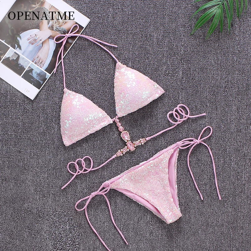 

OPENATME Supper Sequined Bikini European Style Swimwear Women Push Up Padded Bra Swimsuit Women Bathing Suit Rhinestone