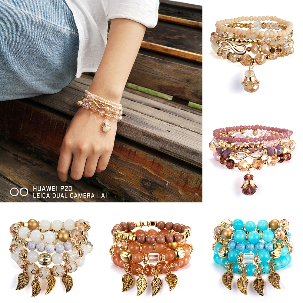 

2019 Bohemian Multilayer Infinity Leaf Crystal Beads Bracelet Acrylic Natural Stone Bracelet & Bangle Women Charm Jewelry Gifts