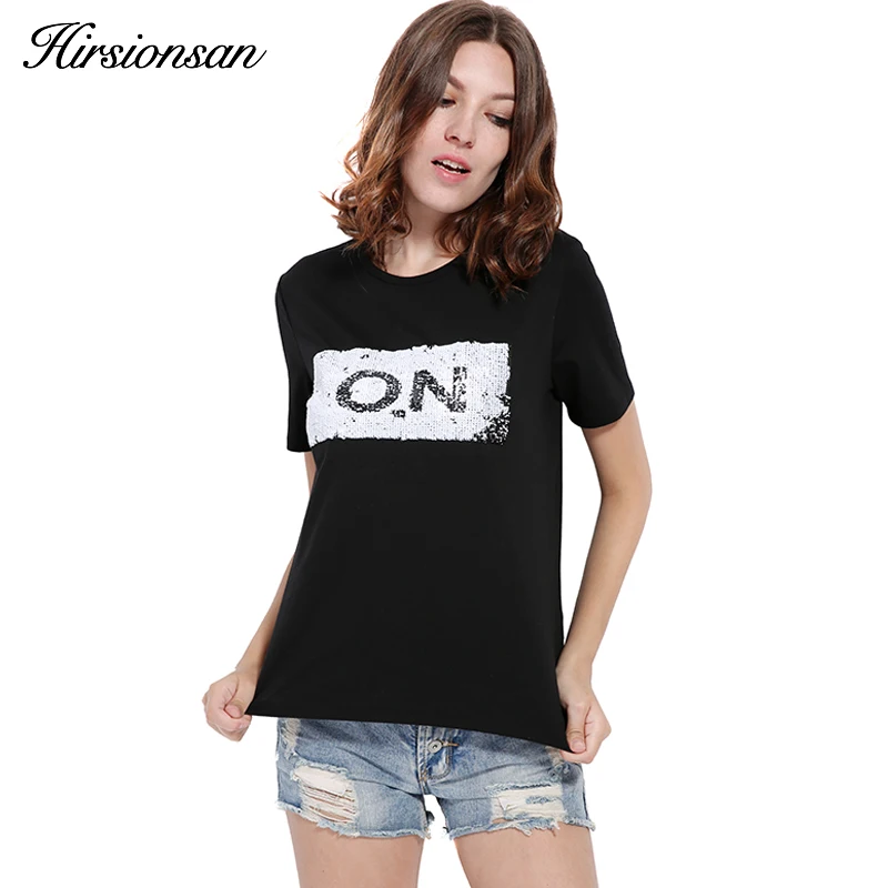 

Hirsionsan Harajuku T Shirt Women Summer 2019 Punk Sequin ON/OFF Funny T-shirt Casual Letter Sequins Basic Tee Black Tops