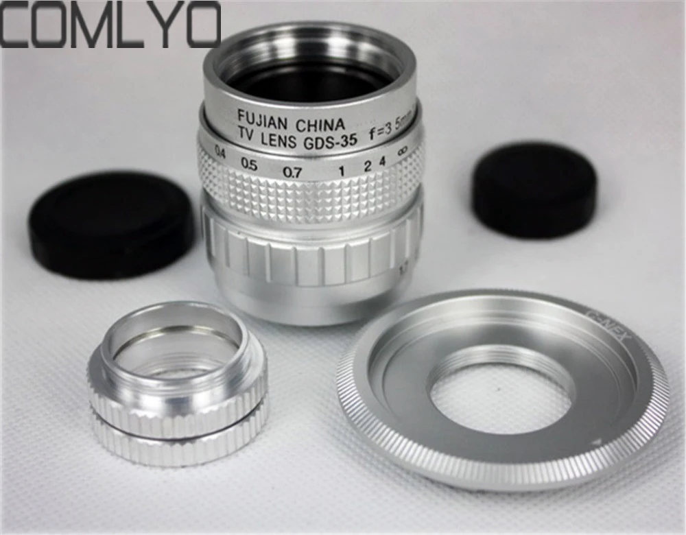 

Lens Adapter 35mm f/1.7 CCTV Lens for nex nex3 nex5 + C Mount to NEX adapter + 2 Macro Ring Silver for Lens Camera Accessories
